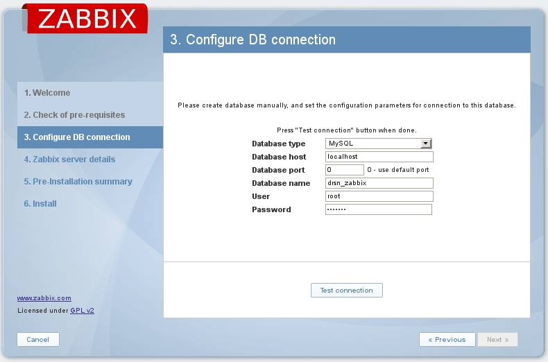 conexão com o banco de dados zabbix