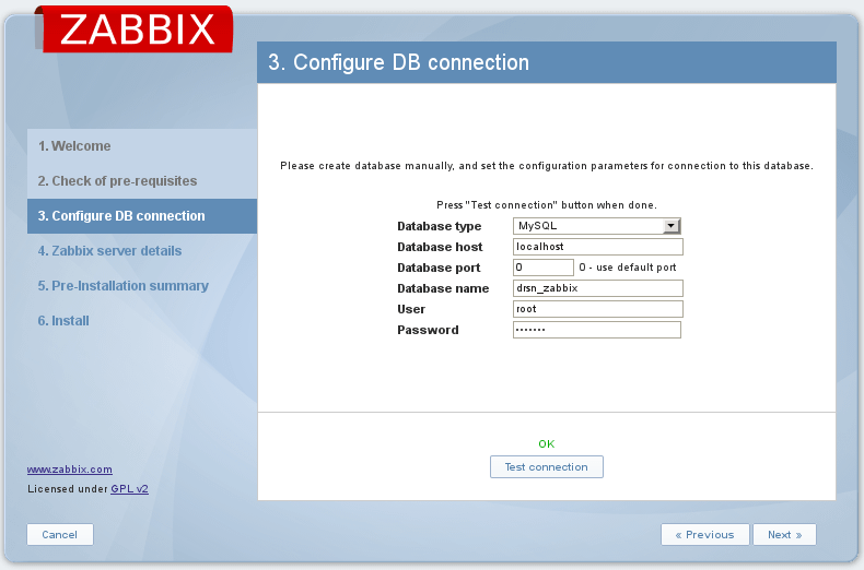 conexão com o banco de dados zabbix