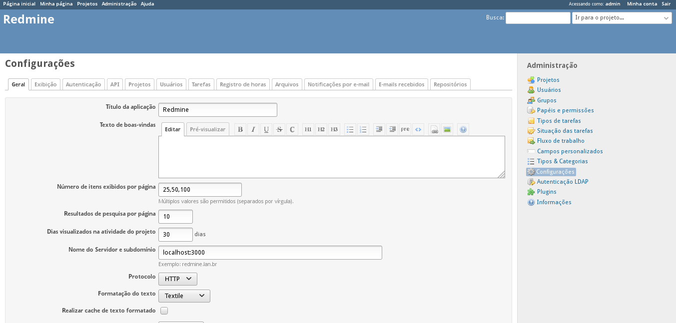 Screenshot Redmine - Menu configurações